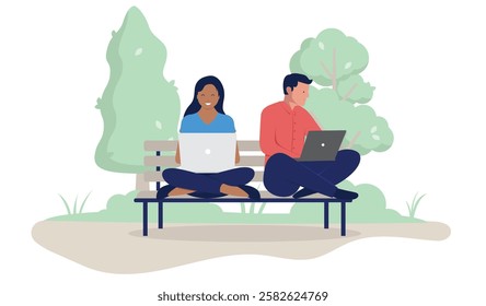 Working on laptops outdoors - Man and woman couple sitting on park bench with crossed legs smiling and doing remote work online together. Flat design vector illustration on white background