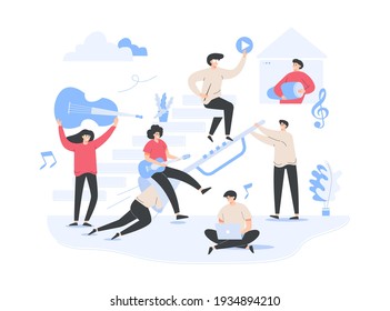 Working on music by musicians web template, cartoon style Screen web template for mobile phone, landing page, template, UI, web, mobile app, poster, banner, flat Vector illustration