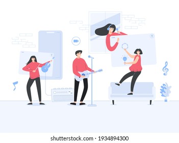 Working on music by musicians web template, cartoon style Screen web template for mobile phone, landing page, template, UI, web, mobile app, poster, banner, flat Vector illustration