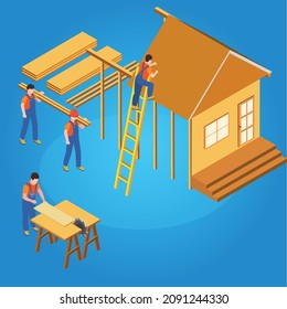 Working on new wooden house under construction isometric 3d vector concept for banner, website, illustration, landing page, flyer, etc.