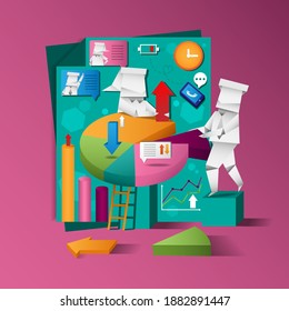 Working on the pie chart, connect, contact, work space, informations, businessman and woman working on the chart and graph