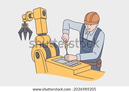 Working on production factory concept. Young man worker in uniform and helmet standing repairing automatic machine for production on plant vector illustration 