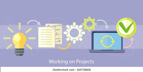 Working on project concept. Business plan concept icons in flat style. Product idea. Project management and strategy.