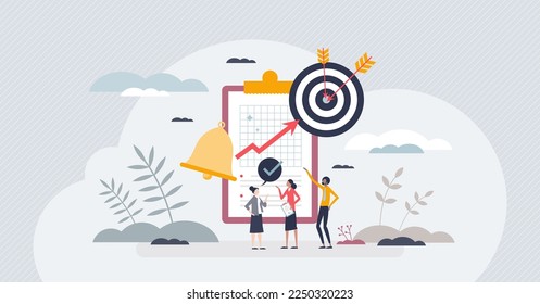 Working on project for effective goal accomplishment tiny person concept. Teamwork job with productive time management, distribution of responsibilities and planning strategy vector illustration.