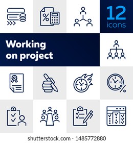 Working on project line icon set. Capital, team, deadline, meeting. Business concept. Can be used for topics like startup, investment, teamwork, loan