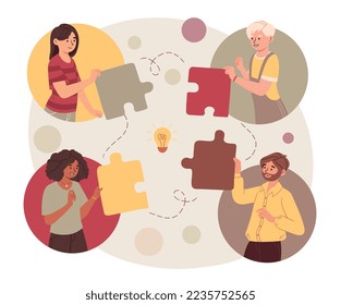 Working on puzzle together. Men and woman working on common project, collaboration and cooperation. Idea, vision and brainstorming. Poster or banner for website. Cartoon flat vector illustration