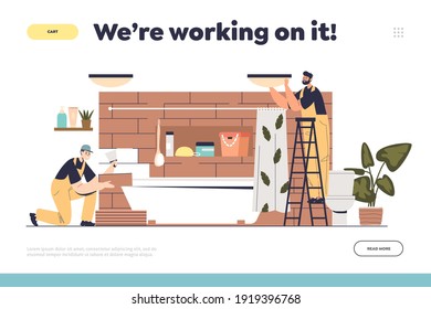 Working On Renovation And Repair In Bathroom Concept Of Landing Page With Tiler And Electrician Repairing. Handyman And Workman Service Company. Cartoon Flat Vector Illustration