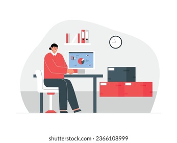 Trabajar en un informe en la computadora, hacer un informe con gráficos, ilustración vectorial factoría.