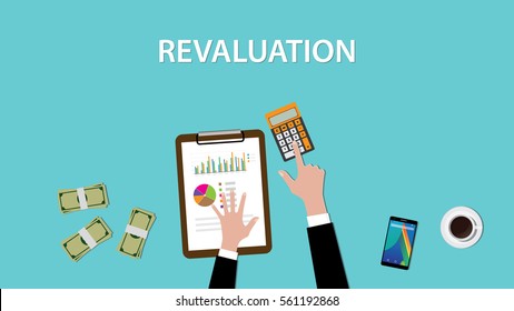 working on revaluation on a table with littered money and calculator illustration 