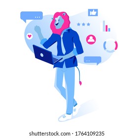 Working on social networks background. Modern illustration slider site page. Concept analysis of the work and use of social networks. Web banner social network Analytics. Vector design image.