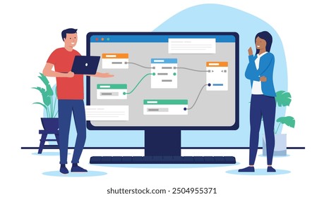 Working on software prototype on computer - Two people developers working on data, connecting nodes and doing abstract complex technology work. Flat design vector illustration with white background