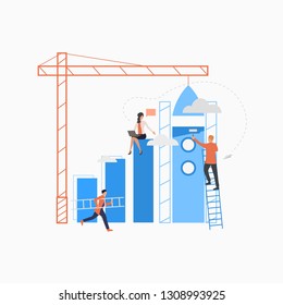 Working on startup flat icon. Team, workgroup, analyst. Business concept. Can be used for topics like marketing research, new idea, working on project