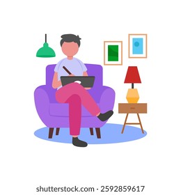 Working on Tablet, Flat Vector Illustration