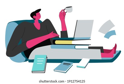 Working on tasks from home, freelance man sitting by table with laptop, books and documents. Male character drinking coffee brainstorming on projects. Entrepreneur or boss. Vector in flat style