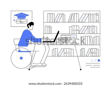 Working on thesis or dissertation isolated cartoon vector illustrations. Disabled PhD candidate writes dissertation in library, higher education, doctoral degree, books diversity vector cartoon.