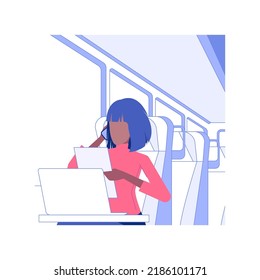 Working on the train isolated concept vector illustration. Busy man talking on the smartphone in high-speed train, business class travel, wifi connection in transport vector concept.