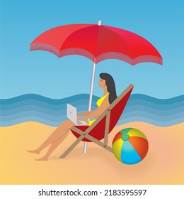 Working on vacation. Woman with parasol, ball and computer, laptop on the beach. Square composition. Vector illustration.