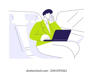 Working on the way abstract concept vector illustration. Businessman works when driving with a personal driver, business class travel, do job in car, busy people lifestyle abstract metaphor.