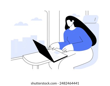 Working on the way isolated cartoon vector illustrations. Woman rides a train and works on the way with a laptop, city transportation, public transport, suburban train vector cartoon.