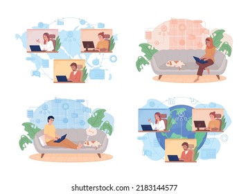 Working online 2D vector isolated illustration set. Distant job flat characters on cartoon background. Colleagues cooperation colourful editable scene for mobile, website, presentation collection