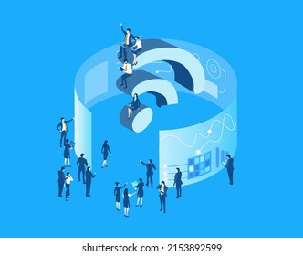 Working online. Business people reading graphs, analysing data, make decisions, developing and improving working process. Isometric infographic illustration.