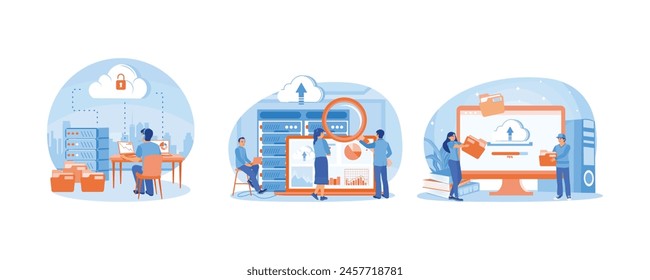 Arbeiten online. Das Business-Team analysierte Daten auf dem Notebook und speichert sie in Rechenzentren. Könnte ein Computerkonzept sein. Flache Vektorillustration einstellen.