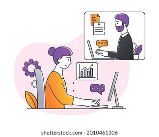 Working online concept. Woman sits at a computer at her workplace and communicates with colleagues via video link. Remote work or freelance. Cartoon flat vector illustration on a white background