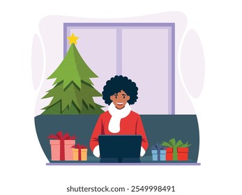 Trabajar En Línea Durante Las Navidades. Ilustración vectorial plana
