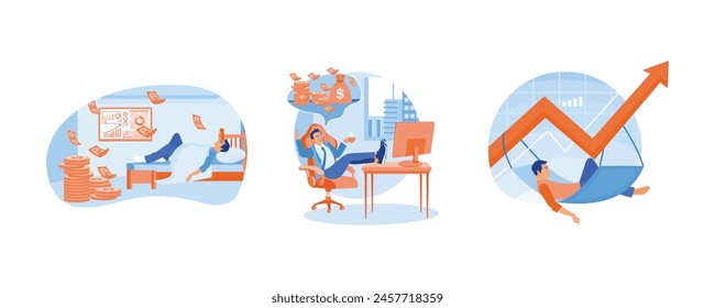 Working online. An entrepreneur sits in front of a computer. Invest in mutual funds and earn income from the stock market. Passive income concept. Set flat vector illustration.