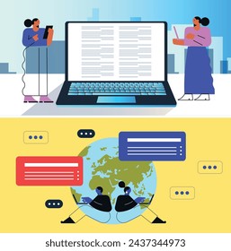 Working online, freelancing, education. Cartoon style. Vector illustration