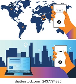 Working online, freelancing, education. Cartoon style. Vector illustration