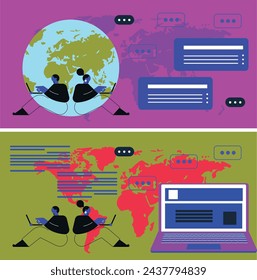Working online, freelancing, education. Cartoon style. Vector illustration