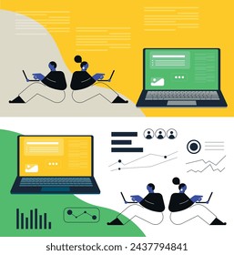 Working online, freelancing, education. Cartoon style. Vector illustration
