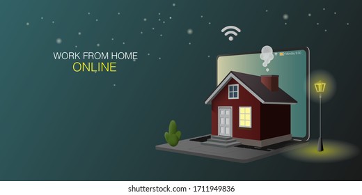 Working online at home at night. work from home. house on laptop computer on night full of stars.