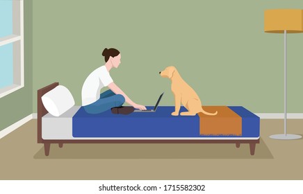 Working online from home on a bed in a bedroom.