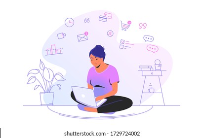 Working online with laptop at home. Flat line vector illustration of cute woman sitting at home in lotus pose with laptop and working remotely. Internet marketing concept isolated on white background