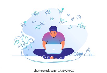 Working online with laptop at home. Flat line vector illustration of cute man sitting at home in lotus pose with laptop and working remotely. Internet marketing concept isolated on white background