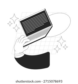 Trabajo en línea de incorporación ui ilustración. Empleado remoto. Interacción del usuario. Tecnología de teletrabajo. Mano escribiendo portátil con el concepto 2D del contorno de los destellos aislado. Arte vectorial de metáfora lineal de tinta