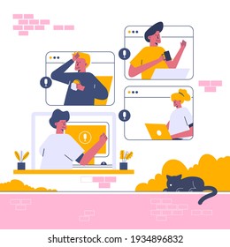 Working and online meeting web template, cartoon style Screen web template for mobile phone, landing page, template, UI, web, mobile app, poster, banner, flat Vector illustration