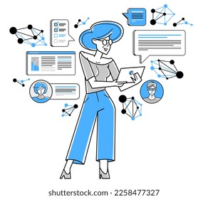 Working online person doing some creative job vector outline illustration, remote virtual working freelancer or a part of coworking team.