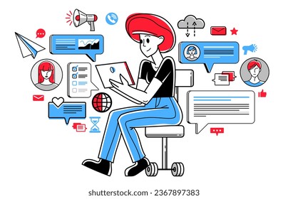 Working online person doing some creative job vector outline illustration, remote virtual working freelancer or a part of coworking team.