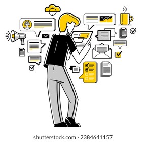 Working online person doing some creative job vector outline illustration, remote virtual working freelancer or a part of coworking team.