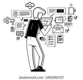 Working online person doing some creative job vector outline illustration, remote virtual working freelancer or a part of coworking team.