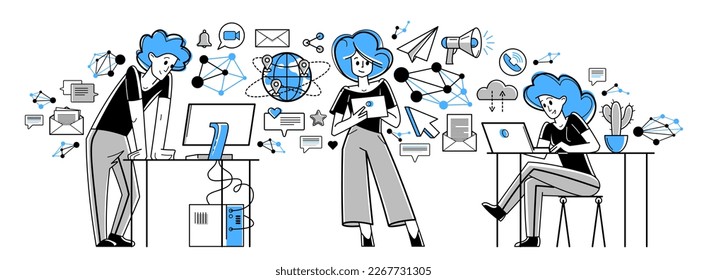 Trabajar en equipo en línea haciendo una ilustración creativa del contorno de vector de trabajo, autónomos de trabajo virtual remoto o parte de un equipo de coworking.