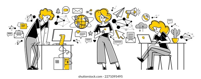 Trabajar en equipo en línea haciendo una ilustración creativa del contorno de vector de trabajo, autónomos de trabajo virtual remoto o parte de un equipo de coworking.