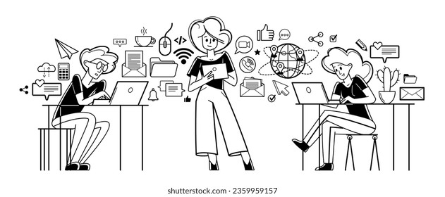 Working online team doing some creative job vector outline illustration, remote virtual working freelancers or a part of coworking team.