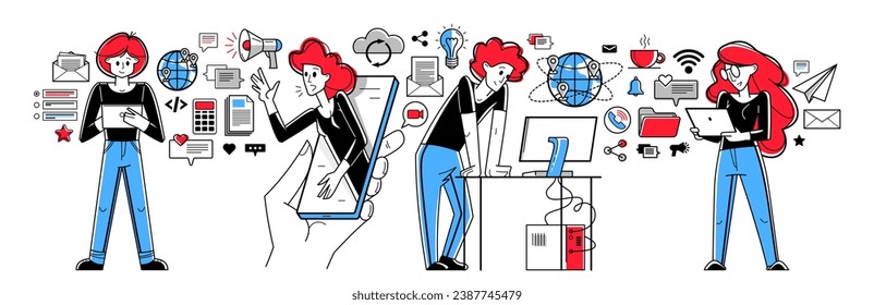 Working online team doing some creative job vector outline illustration, remote virtual working freelancers or a part of coworking team.