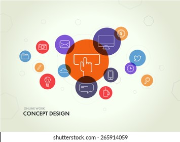  Working online. Vector illustration.  Device and social icon set