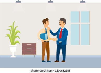 Working order, boss giving instructions to employee, conversation between colleagues. Leader encouraging coworker, praising for good job, interior design