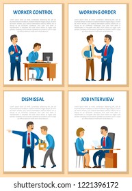 Working order, control and supervision at workplace, dismissal and job interview posters set. Boss giving instructions to employee, conversation between colleagues